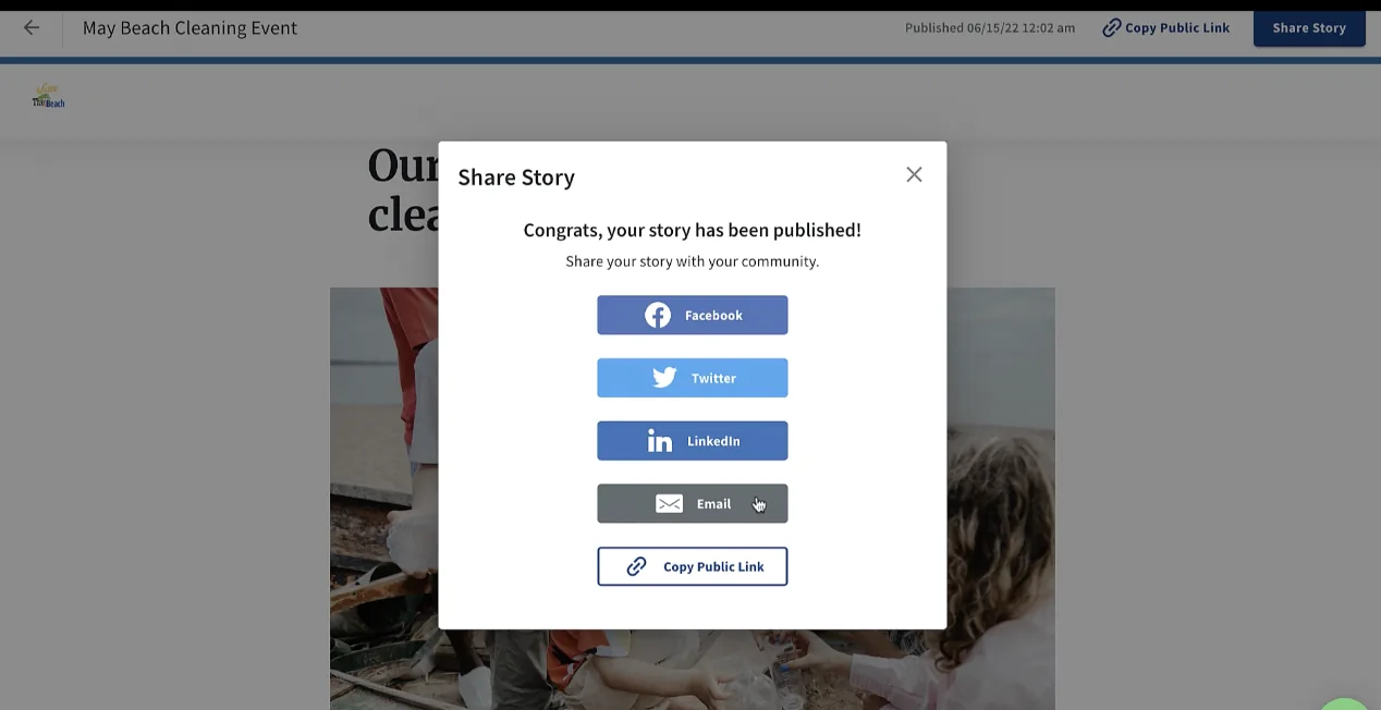 Resilia’s Share Story window after publishing a story, with buttons to share it on Facebook, Twitter, LinkedIn or by email, or to copy a public link.